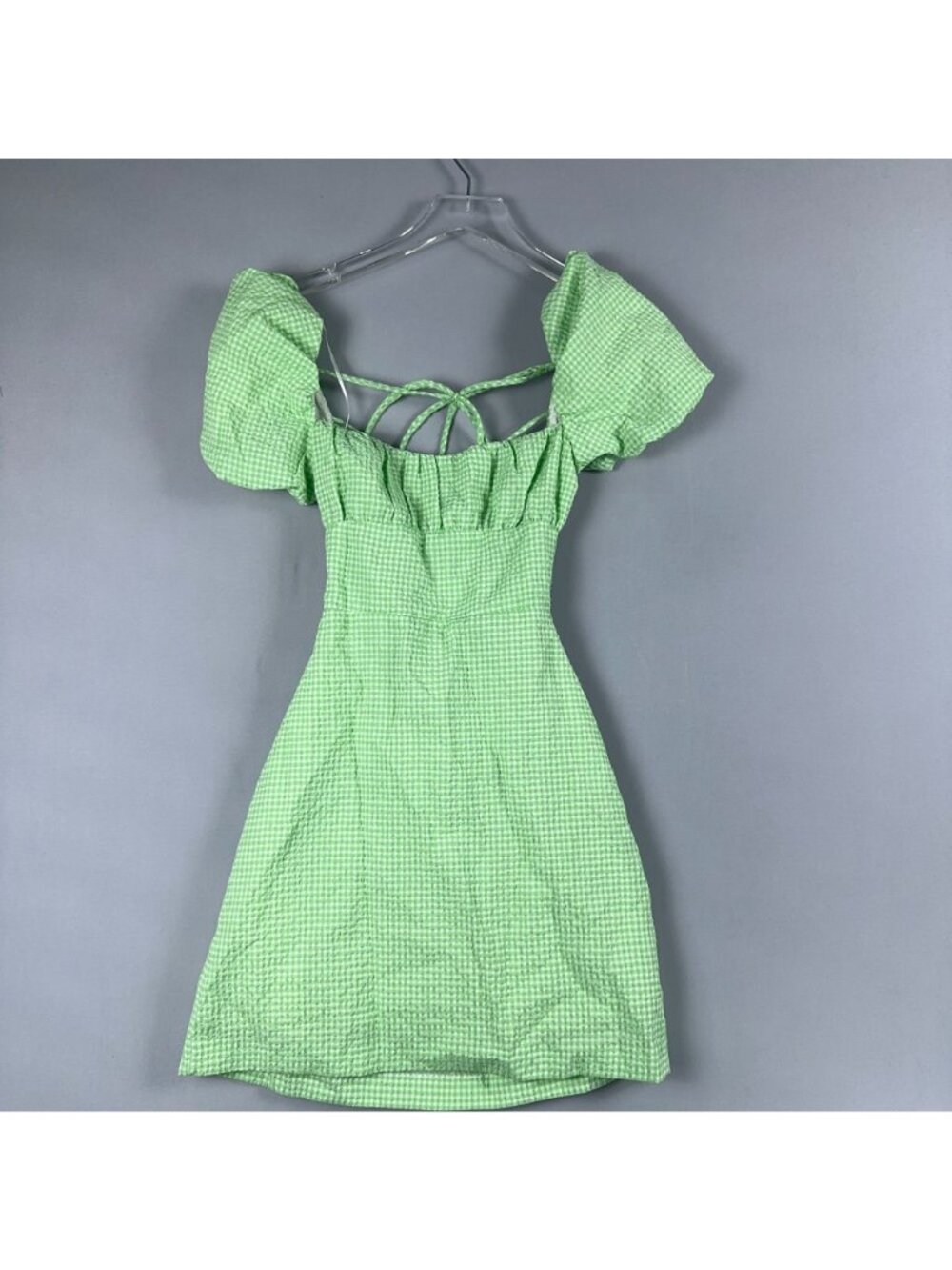 Zara Gingham Dress Size XS Mint Green Puff Sleeve Mini 100% Cotton Side Zipper - Picture 5 of 13